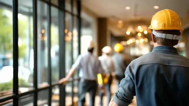 Interior renovation of apartments with faceless working construction team defocused premises construction background interior decoration teamwork team collaborative work