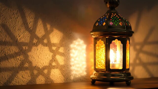 An antique-style brass lantern with colorful glass panels emits a warm, glowing light, projecting complex star patterns onto a rough, textured wall.