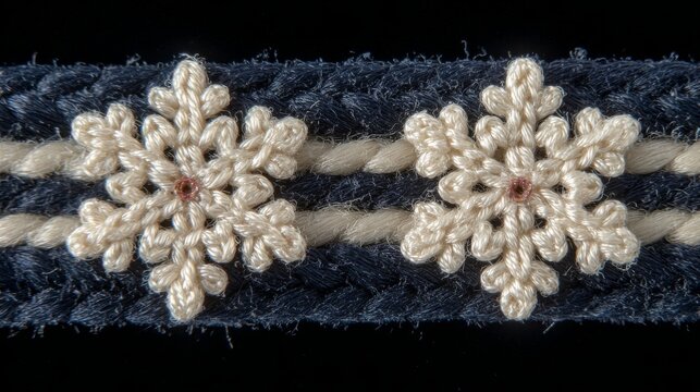 The textured dark surface holds two frosted white snowflakes and two parallel white lines