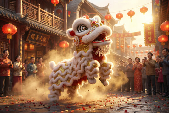 Chinese traditional lion dance costume performing at a temple in China, Lunar new year celebration, Chinese New Year