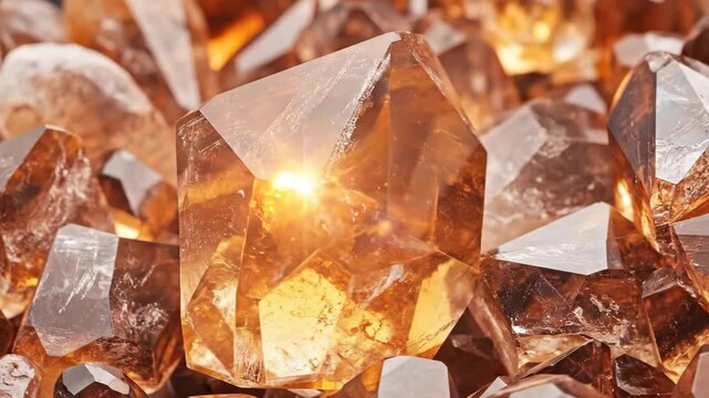 Close up view of shiny gold jewel crystal light reflection. Gemstone texture for luxury decoration and jewelry footage.