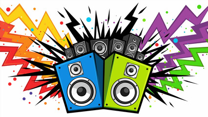 Retro music speakers vector illustration with colorful sound waves and abstract elements, vibrant audio sound explosion graphic art © PDWN Creative