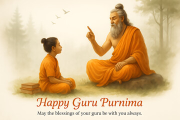 a serene illustration depicting a guru imparting wisdom to a young disciple amidst a peaceful forest setting