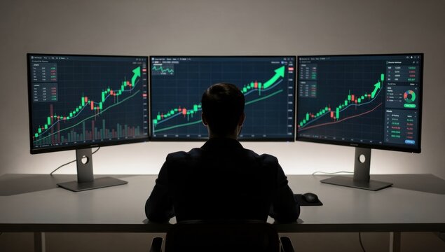 Trader analyzing stock market charts on multiple monitors in a dark room