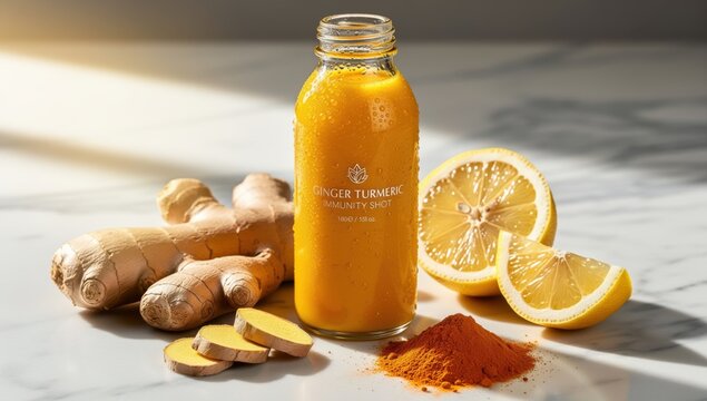 Ginger turmeric immunity shot with fresh ingredients on a marble surface