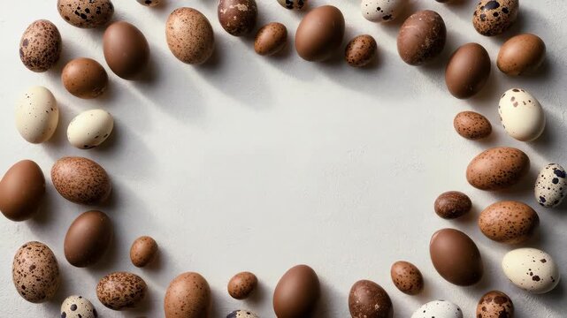 Various speckled and brown egg types create decorative frame with blank white copy space for easter holiday footage