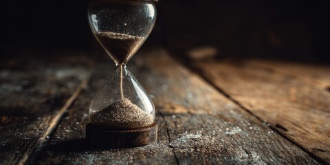 Classic hourglass standing on rustic wooden table with falling sand grains measuring time in warm vintage lighting concept of countdown patience passing moment aging history and antique stillness