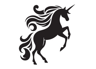 Obraz premium unicorn horse logo silhouette vector, magical fantasy horse logo silhouette illustration, vector unicorn horse with horn logo, horse animals magic fantasy logo vector silhouette on white background