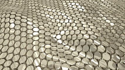 Naklejka premium Looped abstract grid of waves of circles of cylinders of metallic golden yellow coins with reflections on iron. Abstract background