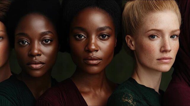 Diverse group of women with varying skin tones in a split-screen video sequence, representing beauty and inclusivity footage