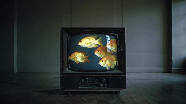A gloomy surreal room with an aquarium in the form of a TV with mysterious fish