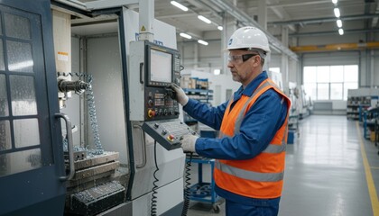 Skilled technician operating advanced cnc milling machine in modern factory