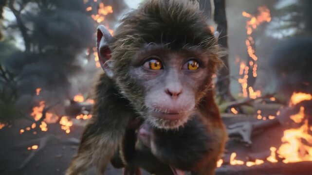 A monkey and a baby run away from the fire in the burning jungle. Ecological disaster through the eyes of animals.