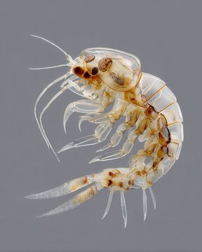 Macro Shot of Tiny Amphipod Crustacean: A mesmerizing macro shot of a delicate amphipod crustacean, showcasing its intricate anatomy and translucent body.