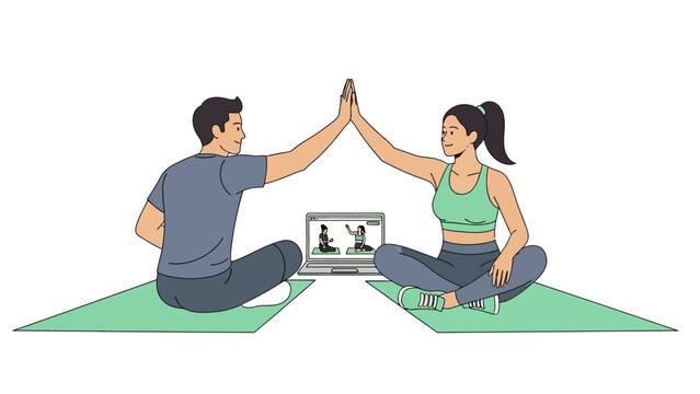 Online fitness class with a couple exercising together on yoga mats