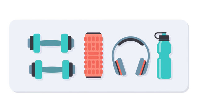 Flat design fitness equipment set with dumbbells, foam roller, headphones, and water bottle
