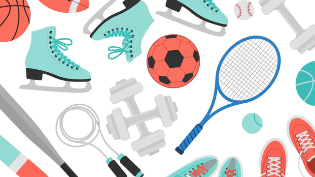 Colorful sports equipment pattern featuring various athletic gear on white background