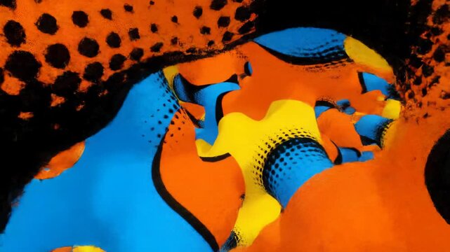fluid dolly video through vibrant, morphing organic pop art shapes, Lichtenstein style. orange, yellow, blue with black outlines, halftones, stripes. dynamic pop art aesthetic concept