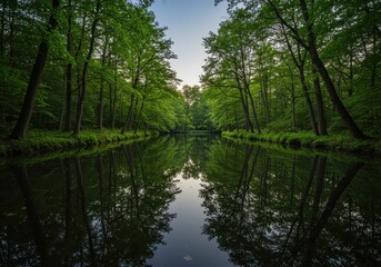 Obraz premium A perfect mirror reflection of tall trees and lush green foliage on the still surface of a quiet woodland pond, tranquility, peaceful, purity