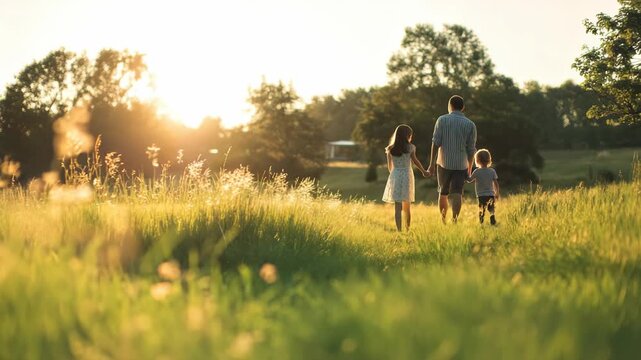 A loving family strolls through a lush field at sunset, surrounded by vibrant greenery and soft sunlight. The peaceful scene captures togetherness, happiness, and the beauty of outdoor moments