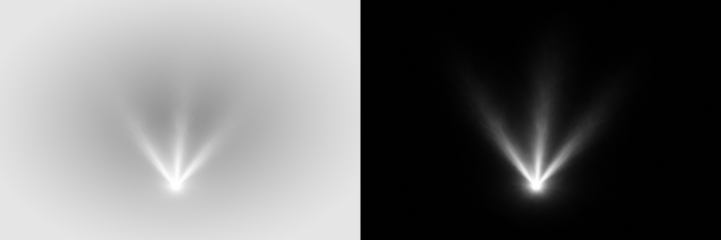 Abstract glowing light beams and spotlight rays, dramatic luminous stage lighting effect on transparent background