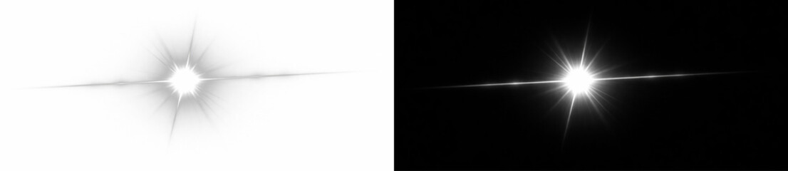 Bright abstract light flare with glowing starburst, radiant lens shine and energy rays on transparent background