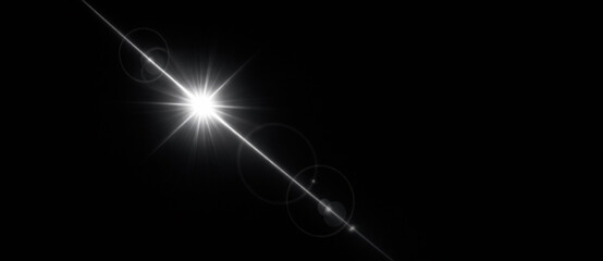 Diagonal lens flare light with bright starburst, glowing rays and optical halo on transparent background