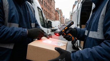 Delivery worker scanning barcode on package for efficient shipping logistics