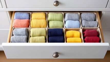 Colorful socks and undergarments organized with drawer dividers for efficient storage solutions