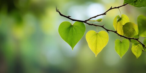 Heart-shaped green leaves hanging from branch against blurred forest background symbolizing nature, environment, love, growth, eco concept, peaceful botanical scene outdoors