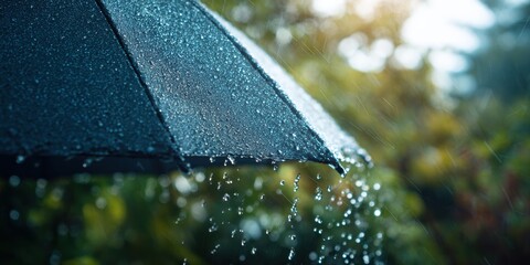 Closeup of black umbrella under heavy rain with water droplets and falling raindrops, blurred green background, concept of protection, storm, weather, monsoon, freshness, nature, outdoors