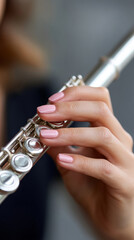 Close up of flute and fingers playing a note musical instrument scene