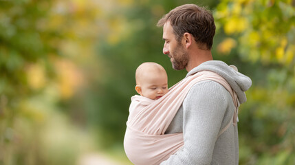 Fototapeta premium Parent gently rocking baby in carrier on autumn walk for peaceful nap