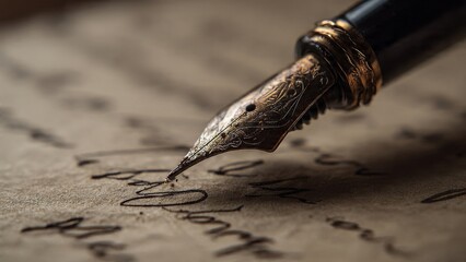 Fototapeta premium Writing with vintage fountain pen on parchment