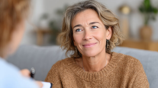 Warm and supportive psychotherapy session in cozy room setting