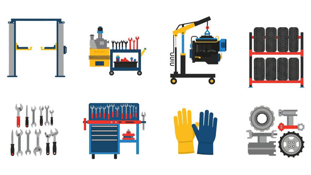 Vintage garage equipment: tools, lift ramps, engine crane, tire rack in flat design