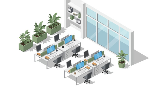 Modern office layout with desks and greenery in isometric style