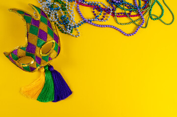 Mardi Gras background. Mardi Gras festive banner. Colorful beautiful masks with space for text. © Mantas Žiličius