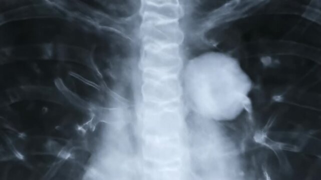 Detailed human chest X-ray scan reveals lungs, ribs, and other internal structures, providing a radiographic view for medical analysis and diagnosis, detailed anatomical visual