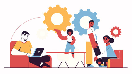 Diverse team collaborating with large gear mechanisms in modern office setting