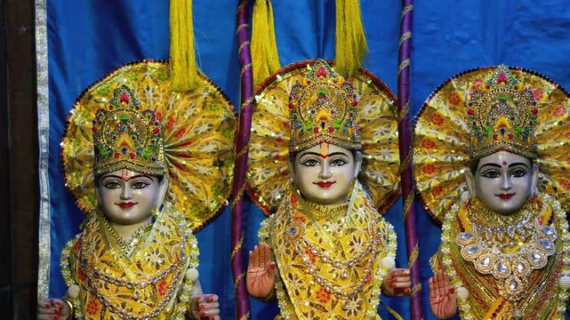 Lord Rama, Goddess Sita, and Lakshman standing together, symbolizing dharma, righteousness, loyalty, and ideal family values in Hindu mythology