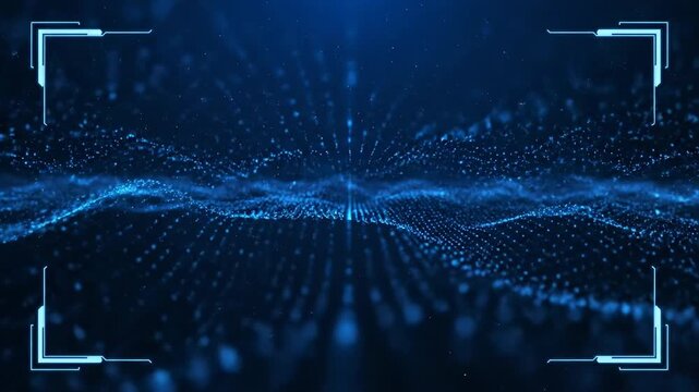 Dynamic blue digital landscape with futuristic interface elements for backgrounds and presentations in technology sector.