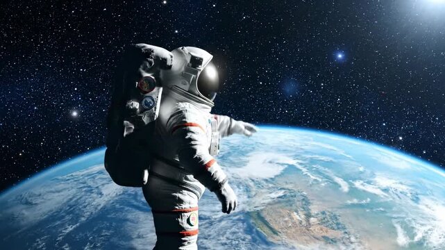 Astronaut exploring the outer space floating in zero gravity with Earth view, wearing white spacesuit with starry sky background.