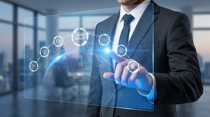 Businessman touching futuristic digital interface with global network connections, professional business concept.