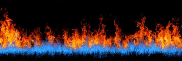 Horizontal strip of vibrant blue and orange flames on black background symbolizing heat, combustion, energy, gas fire, contrasting color fire line, symmetrical burning pattern, dynamic motion heat