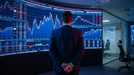 Businessman in Suit Analyzing Financial Stock Market Data on Large Digital Display Screen in Modern Office