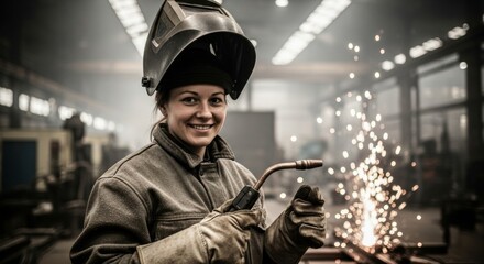 Smiling female welder with torch in active industrial factory