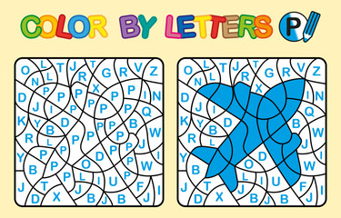 Color by letter P. Coloring Plane. Puzzle game for children education