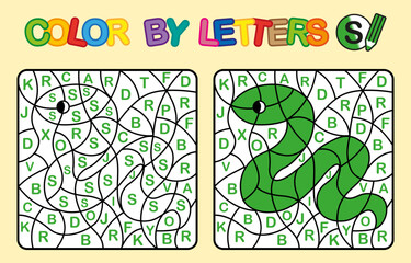 Color by letter S. Coloring Snake. Puzzle game for children education