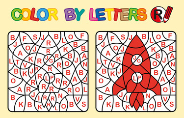 Color by letter R. Coloring Rocket. Puzzle game for children education
